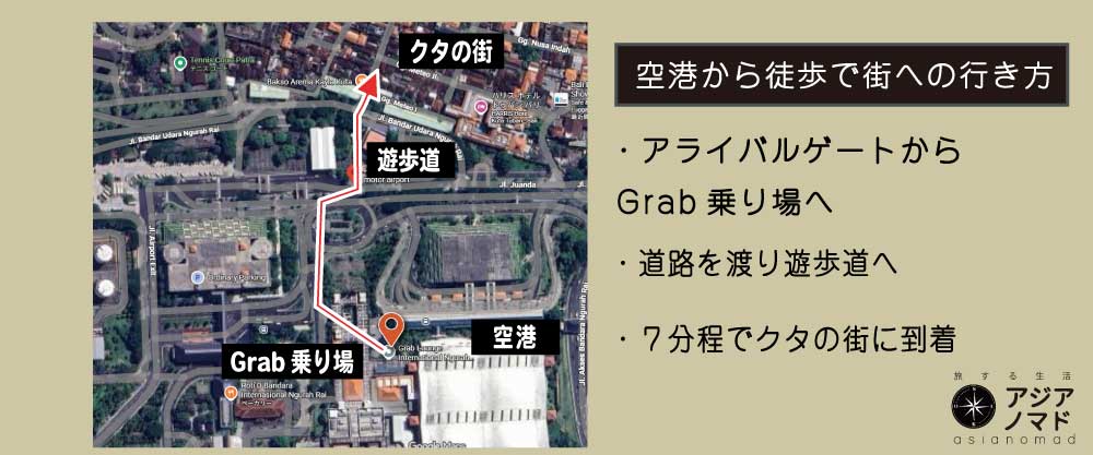 徒歩で空港からクタの街までの全体図・ルート写真